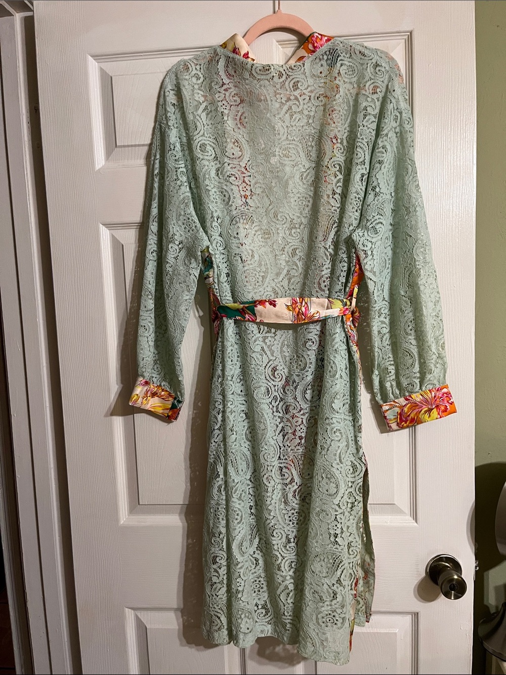 POL Mint Green Lace Kimono Coat with Floral Trim - Picture 6 of 8